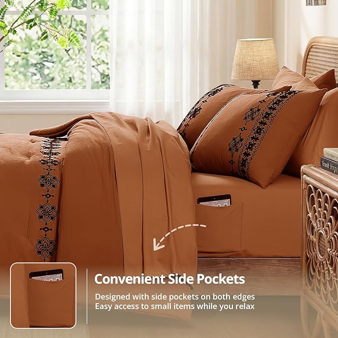 MaiRêve Full Size Comforter Set Burnt Orange, Embroidery Floral Western Boho Bedding Set, All Season 7 Pieces Bed in a Bag with Sheets, Pillowcases & Shams