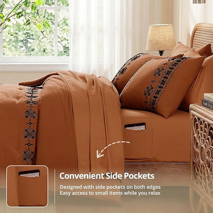 MaiRêve Full Size Comforter Set Burnt Orange, Embroidery Floral Western Boho Bedding Set, All Season 7 Pieces Bed in a Bag with Sheets, Pillowcases & Shams