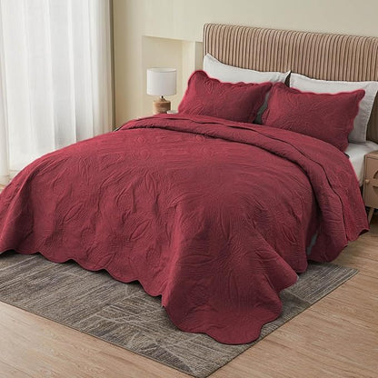 Kingnex Oversized King Bedspreads 128x120 for Extra Wide Tall King or Cal King Bed Ultrasonic Quilted Coverlet Set 3 Piece Include 1 Quilt 2 Pillowcases Burgundy