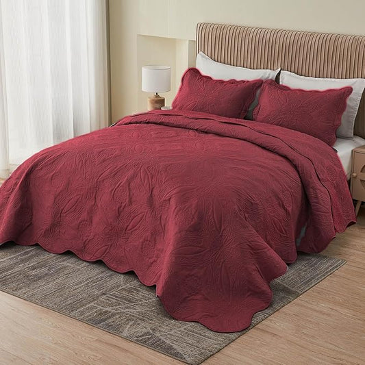 Kingnex Oversized King Bedspreads 128x120 for Extra Wide Tall King or Cal King Bed Ultrasonic Quilted Coverlet Set 3 Piece Include 1 Quilt 2 Pillowcases Burgundy