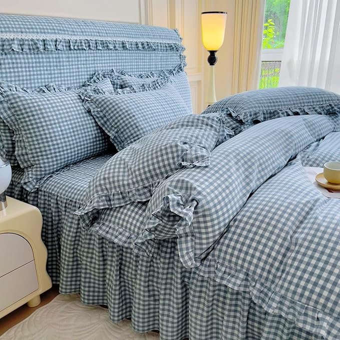 mixinni Vintage Blue Gingham Ruffle Comforter Set 3-Piece Washed Cotton King Size Grid Bedding Set with Geometric Checkered Pattern, Farmhouse Chic Soft Fluffy Comforter for All-Season