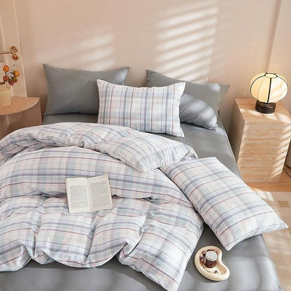 EAVD Colorful Gingham Duvet Cover Full Soft Washed Cotton Chic Grid Plaid Duvet Cover with 2 Pillowcases Modern Grid Checkered Bedding Set for Boys Girls Women Men Farmhouse Gingham Bedding Set