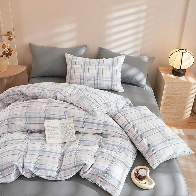 EAVD Colorful Gingham Duvet Cover Twin Soft Washed Cotton Chic Grid Plaid Duvet Cover with 2 Pillowcases Modern Grid Checkered Bedding Set for Boys Girls Women Men Farmhouse Gingham Bedding Set