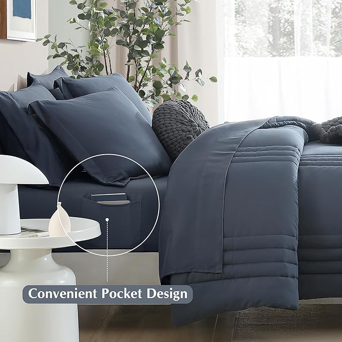 Monbix Full Size Comforter Set - 7 Pieces Blue Grey Bed in a Bag Full Size Bedding Sets with Comforters, All Seasons Comforter with Sheets, Pillowcases & Shams