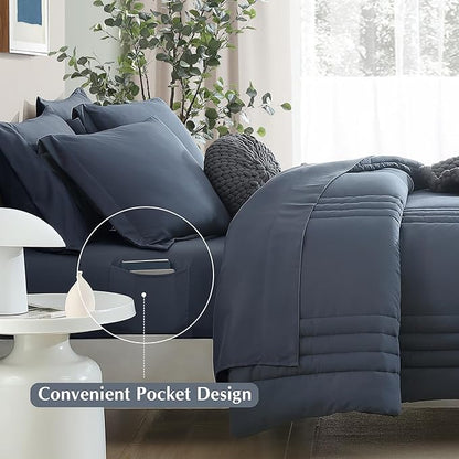 Monbix Full Size Comforter Set - 7 Pieces Blue Grey Bed in a Bag Full Size Bedding Sets with Comforters, All Seasons Comforter with Sheets, Pillowcases & Shams