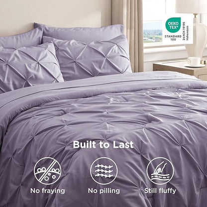 Bedsure Full Comforter Set Grayish Purple - Bed in a Bag Full Size Bedding Set 7 Pieces, GentleSoft™ Pintuck Bed Set Gift for Family, Pinch Pleat All Season Comforter with Sheets, Pillowcases & Shams