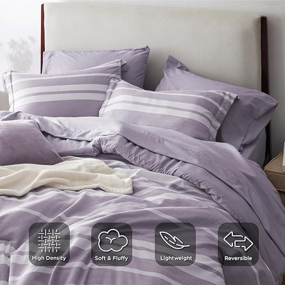 Bedsure Twin Comforter Set 5 Pieces, Purple Striped Bedding Set for All Seasons, Reversible, Cationic Dyeing Bed in a Bag with Comforter, Sheets, Pillowcase & Sham