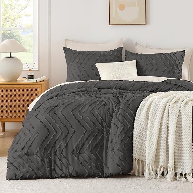 Andency Dark Grey Twin/Twin XL Comforter Set, Twin Bed Comforter for College Dorm Girls Boys Kids Boho Soft Warm Cute Comforter, 2 Pieces Aesthetic Chevron Bohemian Bedding Set