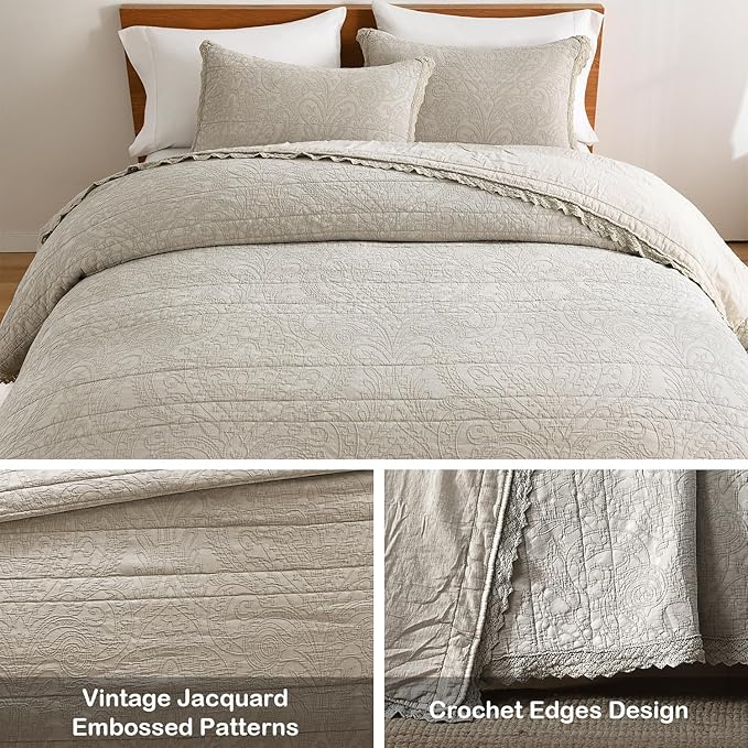 HORIMOTE HOME Stone-Washed Cotton Quilt King Size, Beige Jacquard Embossed Quilt Shabby Vintage Farmhouse Bedspread Coverlet with Crochet Edge, Soft Lightweight Bedding Set for All Season, 3 Pieces