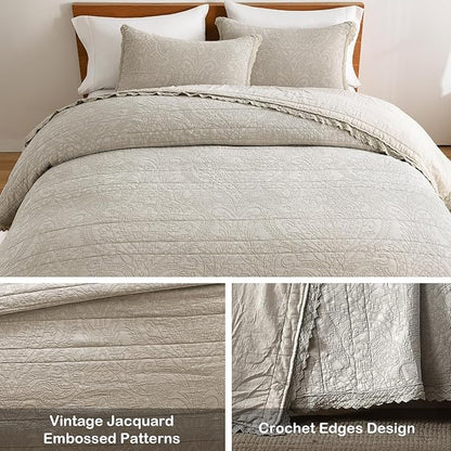 HORIMOTE HOME Stone-Washed Cotton Quilt King Size, Beige Jacquard Embossed Quilt Shabby Vintage Farmhouse Bedspread Coverlet with Crochet Edge, Soft Lightweight Bedding Set for All Season, 3 Pieces