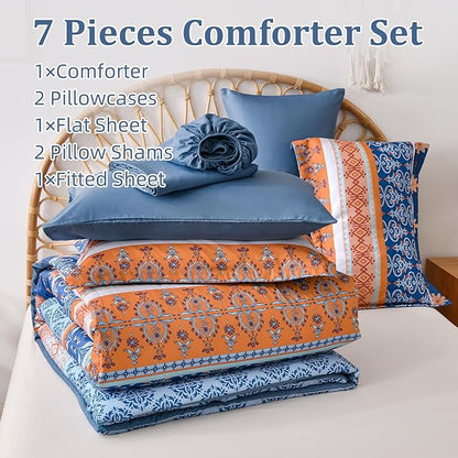 WONGS BEDDING Boho Comforter Set Full, Blue and Orange Bedding Set 7 Pieces Bed in a Bag Bohemian Striped Bedding Comforter Sets Soft Microfiber Comfortet and Sheet Set for All Season