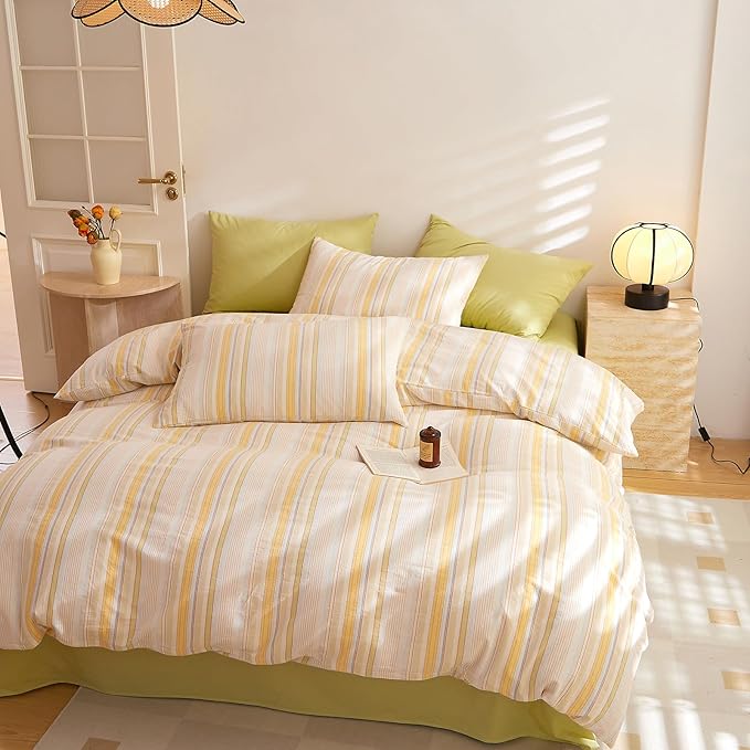 Yellow Striped Twin XL Comforter Set Fluffy Boho Bedding Set Down Alternative Washed Cotton Rustic Soft Bedding Comforter Sets Cozy Cute All Season Bedroom Bed Comforter with 2 Pillowcases