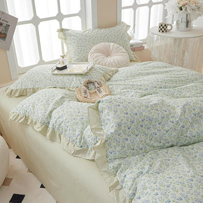 HighBuy Green Ruffle Comforter Set Queen Lace Edge Blue Flower Bedding Comforter Set Coquette Cottagecore Bedding Set with 1 Romantic Comforter 2 Lace Pillow Shams for Teen Girls All Seasons