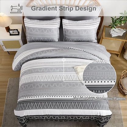 WONGS BEDDING King Size Comforter Set 7 Pieces, Boho Grey White Geometric Striped Comforter for King Bed in a Bag, Soft Microfiber Bedding Set with Pillowcases, Flat Sheet, Fitted Sheet, Pillow Shams