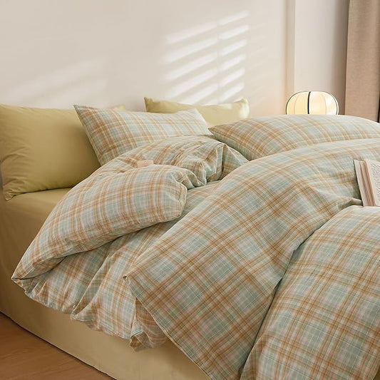 Plaid Comforter Queen Size Down Alternative Boho Bedding Set Washed Cotton Breathable Fluffy Comfy Bedding Comforter Sets Soft Cozy Farmhouse Patterned Bed Comforter with 2 Pillowcases