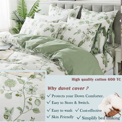 FADFAY Green Duvet Cover Set King/Cal King Floral Bedding 100% Cotton Shabby Vintage Reversible Zipper Farmhouse Comforter Cover Flower Print Bed Covers Pretty Bowknot Soft Crisp Breathable 3Pcs