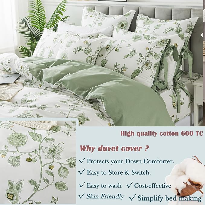 FADFAY Twin XL Duvet Cover Set Floral Bedding Set 100% Cotton College Bedding for Dorm Room Beige Green Reversible Comforter Cover Flower School Students Soft Luxury Soft 3Pcs, Twin Extra Long