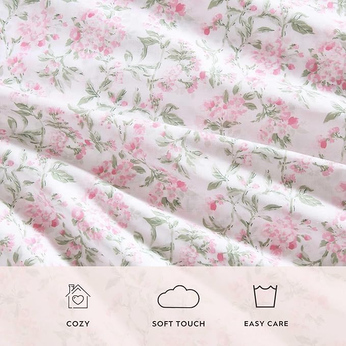 Laura Ashley - Queen Sheet Set, Crisp & Cool Cotton Percale Bedding for Year Round Comfort, Deep Pocket, Bed Sheets with Matching Pillowcases (Blossom Bliss Pink)