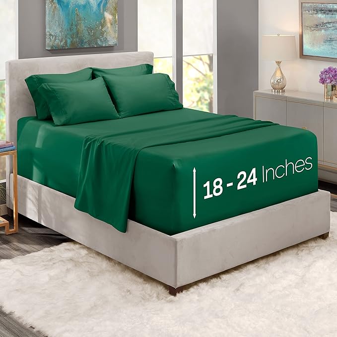 Hearth & Harbor Bed Sheets, Luxury Soft 6 Piece Bed Sheet Set Extra Deep Pocket Fitted Sheets Fits Mattress up to 21", Double Brushed Bedding Sheets & Pillowcases, Split King, Dark Green