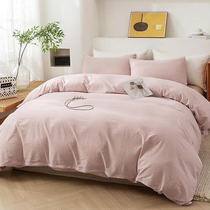 ECOCOTT Duvet Cover Set, 100% Washed Cotton Linen-Like Soft & Breathable, Durable Comfy Bedding Set for All Seasons Twin Size (Greyish Pink)