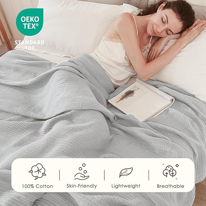 EMME Cotton Muslin Twin XL Blanket Breathable Gauze Soft Lightweight Adults Gifts for Women (Light Grey, 66"x90")