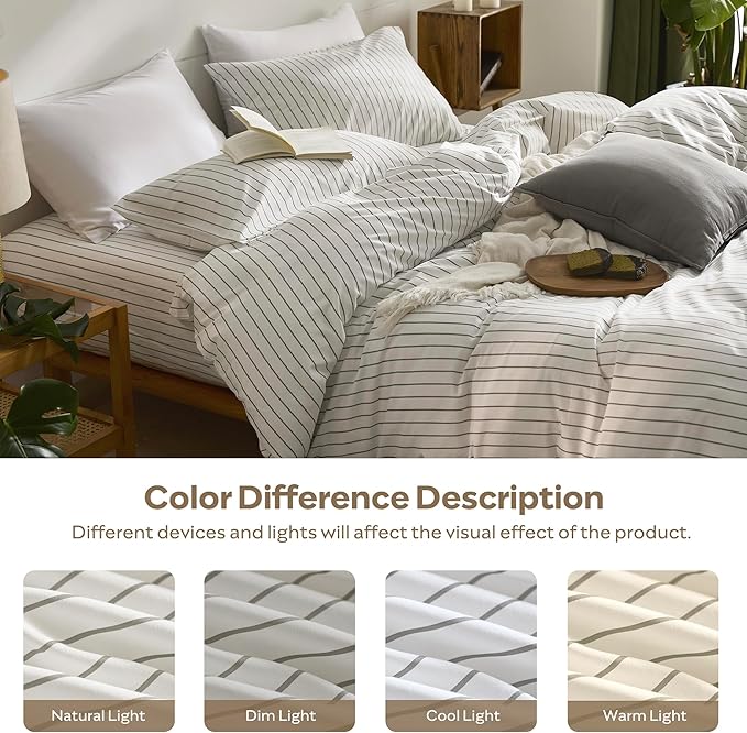 JELLYMONI Striped Duvet Cover Set - King Size 100% Cotton - 3PCS White & Grey Vertical Stripes Bedding - Hidden Zipper Closure & 8 Corner Ties - Breathable Comforter Cover for Bedroom