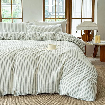 Striped Duvet Cover Set 100% Washed Cotton Linen Like Soft Feelling Breathable Bedding(White/Sage Green Strip,Full)