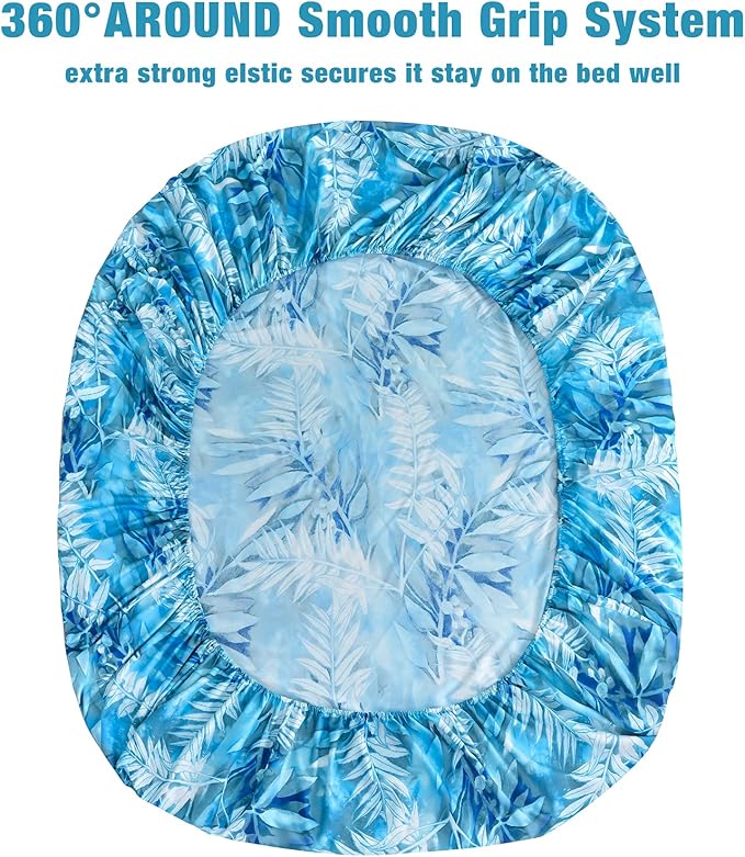 JSD Teal Blue Tropical Leaves Sheet Set Twin Size, 3 Piece Printed Microfiber Sheets Extra Deep Pocket Wrinkle Free