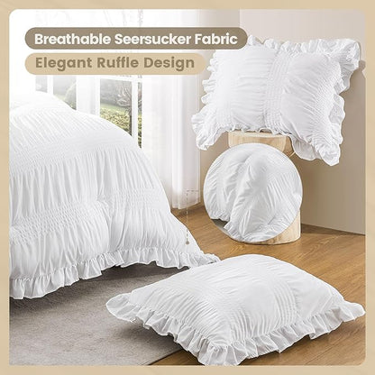 QUIETSEA King Comforter Set Seersucker 7 Pieces Luxury Ruffle Bed in a Bag King Size for All Season White Bedding Set with Comforter, Pillowcases, Flat Sheet, Fitted Sheet and Pillow Shams