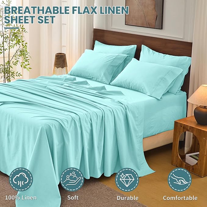 Bedlifes 100% French Flax Linen Sheets Set California King Size-6 Piece Extra Deep Pocket 18-24",Soft Breathable Cal King Bed Sheets with Temperature Regulating & Moisture-Wicking(Teal