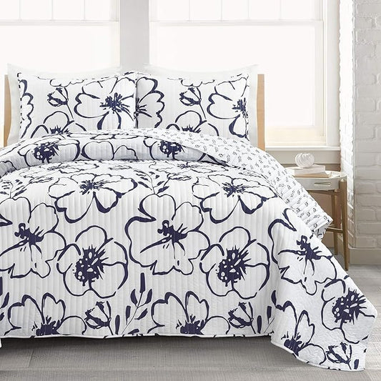 Lush Decor Scandinavian Floral Quilt Queen Size Reversible 3 Piece Set Full/Queen Navy & White - Floral Bedding Set Queen Quilt - White Bedding