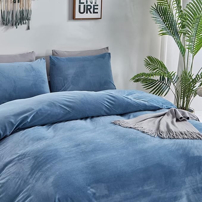 Houseri Blue Velvet Comforter Set Full Fluffy Lake Blue Bedding Comforter Full Size Teen Boys Girls Light Blue Sherpa Bedding Sets Warm Furry Flannel Comforters Ocean Blue Soft Fuzzy Bed Blanket Full
