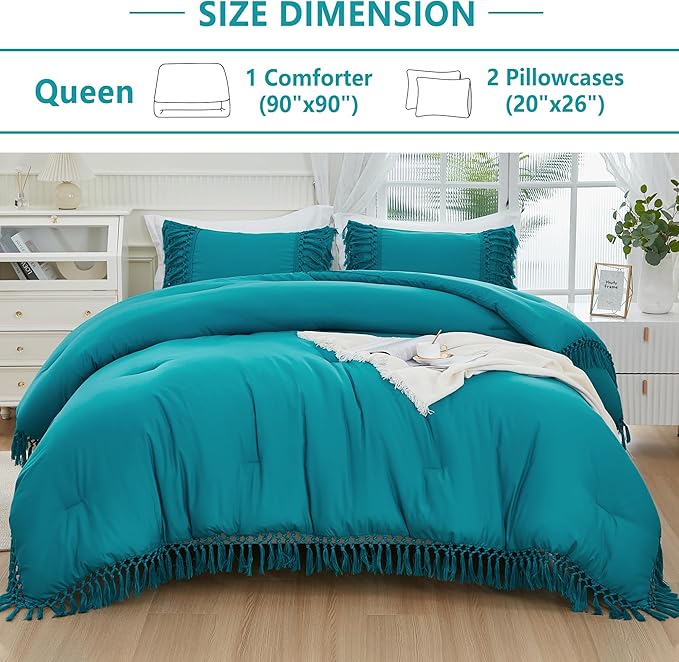 Andency Turquoise Comforter Set Queen, 3 Pieces Boho Tassel Lightweight Soft Bedding Comforter Sets, All Season Fluffy Fringe Bed Set (90x90In Comforter & 2 Pillowcases)