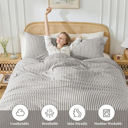 MILDLY Jacquard Stripe Duvet Cover - 100% Washed Cotton Boho Textured Comforter Cover Set 2pcs with Zipper Closure 68"x90"
