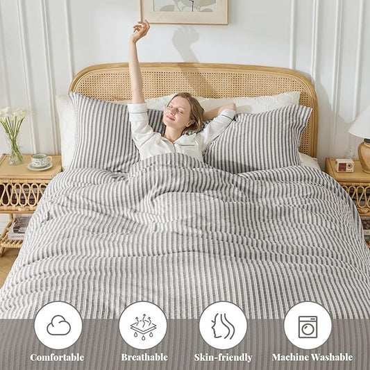 MILDLY Jacquard Stripe Duvet Cover - 100% Washed Cotton Boho Textured Comforter Cover Set 3pcs with Zipper Closure 104"x90"