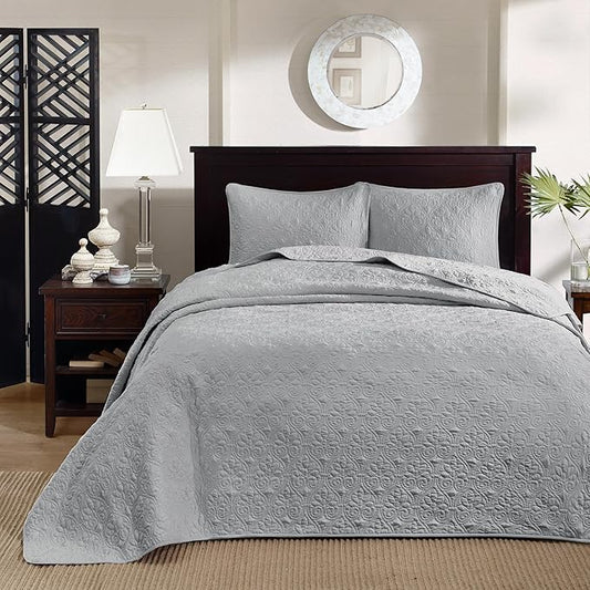 Madison Park Quebec Queen Size Quilt Bedding Set - Grey , Damask – 3 Piece Bedding Quilt Coverlets – Ultra Soft Microfiber Bed Quilts Quilted Coverlet