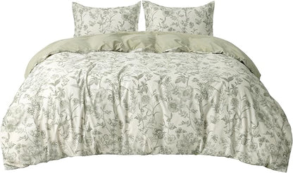 Bedsure Duvet Cover King Size - 100% Cotton Reversible Floral King Duvet Cover Set with Zipper Closure, 3 Pieces Soft & Breathable PureWoven Botanical Green Bedding Set with 2 Pillow Shams 20"x36"
