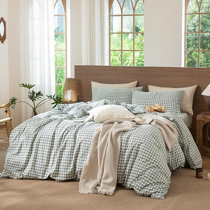 MooMee Gingham Duvet Cover Set 100% Washed Cotton Linen Like Textured Breathable Durable Soft Comfy Modern Checkered Design (Sage Green Gingham, King 104"x90")