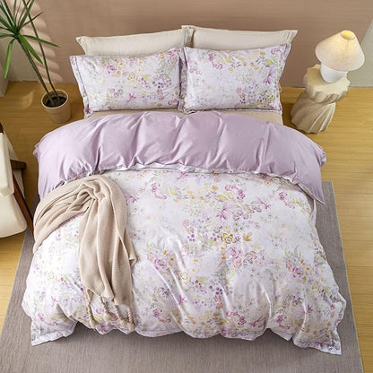 OAITE Duvet Cover Set Queen Size Floral Pattern Ultra Soft 100% Cotton Duvet Cover Sets 3-PC, Breathable Duvet Cover with Zipper Closure & Corner Ties(2 Pillow Shams,1 Duvet Cover)