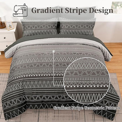 WONGS BEDDING Boho Black Grey Comforter Set Queen Size 7 Piece Stripe Gradient Bed in a Bag Bedding Set for All Seasons Reversible Soft Microfiber Comforter with Sheets, Pillowcases & Shams