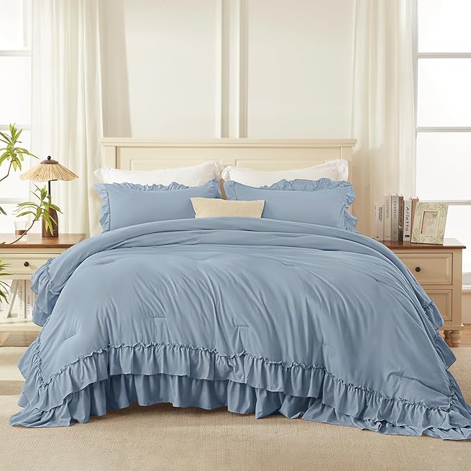 Andency Grayish Blue Queen Comforter Set, 3 Pieces Farmhouse Shabby Chic Ruffle Bedding Comforter Sets, All Season Lightweight Fluffy Soft Polyester Bed Set for Boys, Men, Adults (90x90Inch)