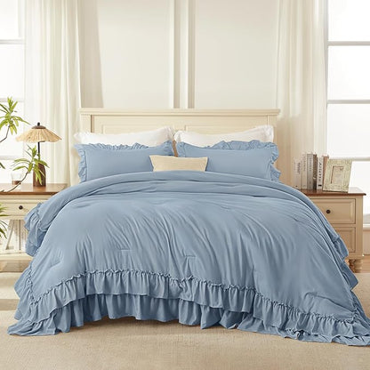 Andency Grayish Blue Queen Comforter Set, 3 Pieces Farmhouse Shabby Chic Ruffle Bedding Comforter Sets, All Season Lightweight Fluffy Soft Polyester Bed Set for Boys, Men, Adults (90x90Inch)