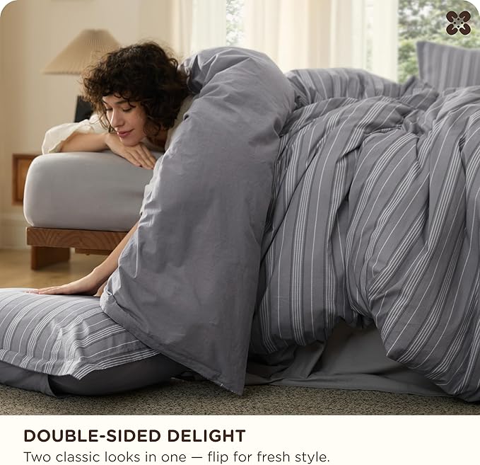 Bedsure Striped Duvet Cover King Size, 100% Washed Cotton PureWoven Duvet Cover Linen Like Textured, Classic Striped Pattern Enhances Bedroom Comfort and Style, Stripes Grey, 104"x90"