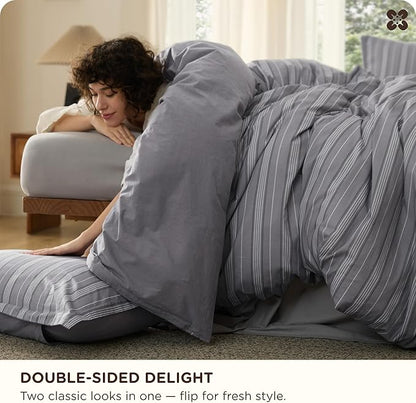 Bedsure Striped Duvet Cover King Size, 100% Washed Cotton PureWoven Duvet Cover Linen Like Textured, Classic Striped Pattern Enhances Bedroom Comfort and Style, Stripes Grey, 104"x90"