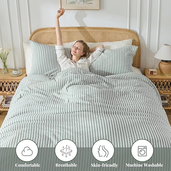 MILDLY Sage Green Striped Duvet Cover - 100% Washed Cotton Jacquard Textured Comforter Cover with Dual Zipper Closure & 8 Coner Ties