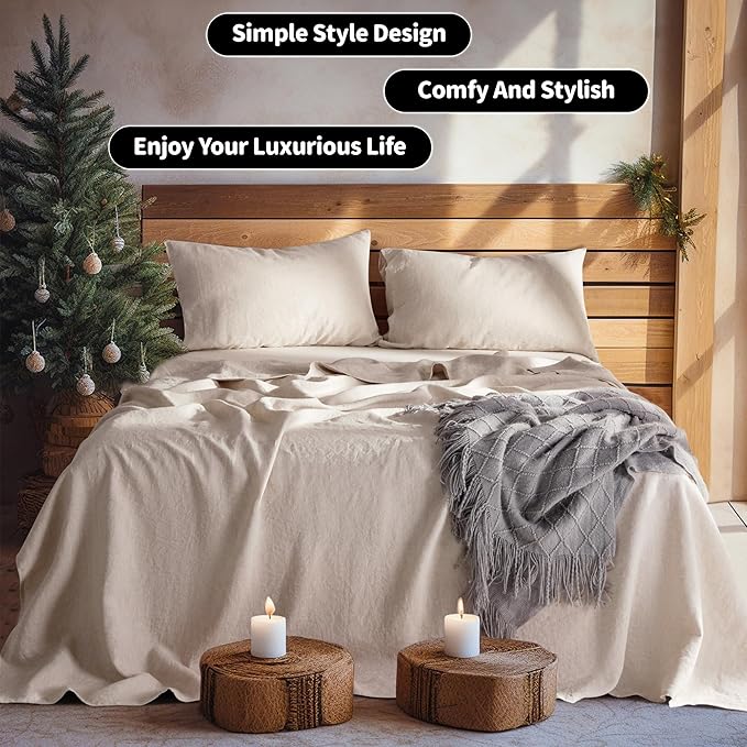 LBRO2M 100% Pure Linen Sheet Set Deep Pocket Up to 16" Bed Sheets Sets, Natural Flax Beddings Soft, Breathable, Comfortable for All Seasons 4 Pcs Sheet Set King Size, Linen Color