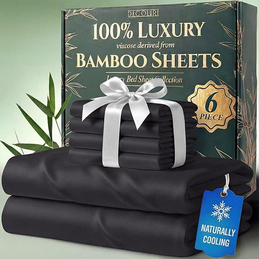 DECOLURE 100% Viscose Derived from Bamboo Sheets King Size - Luxury 6 Pc Naturally Cooling Sheets, Ultra Soft Bed Set - Deep 17" Pockets, Durable Double Stitching, Oeko Tex Standard (Charcoal)