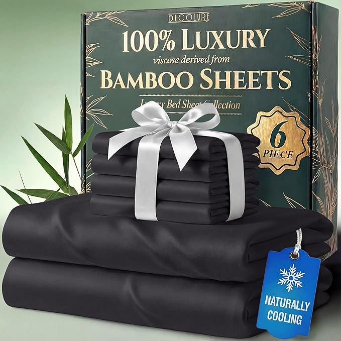 DECOLURE 100% Viscose Derived from Bamboo Sheets Full Size - Luxury 6 Pc Naturally Cooling Sheets, Ultra Soft Bed Set - Deep 17" Pockets, Durable Double Stitching, Oeko Tex Standard (Charcoal)