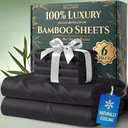 DECOLURE 100% Viscose Derived from Bamboo Sheets Full Size - Luxury 6 Pc Naturally Cooling Sheets, Ultra Soft Bed Set - Deep 17" Pockets, Durable Double Stitching, Oeko Tex Standard (Charcoal)
