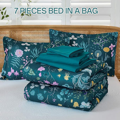 Yiran Teal Blue Comforter Set Queen Size, 7 Piece Floral Botanical Comforter Bedding Set, Farmhouse Bed in a Bag, Soft Microfiber Complete Bedding Set with Sheets for All Season
